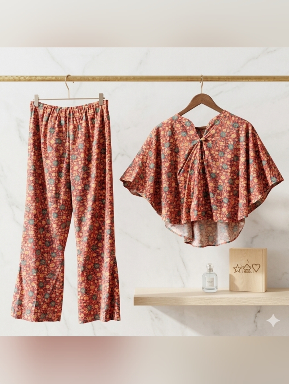 Boho 2-Piece Set: Cape Style Top Blouse & Matching Wide-Leg Floral Palazzo Pants